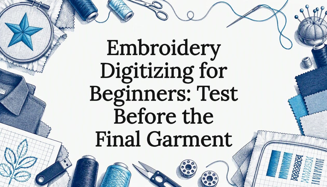Embroidery tools frame a clear title area