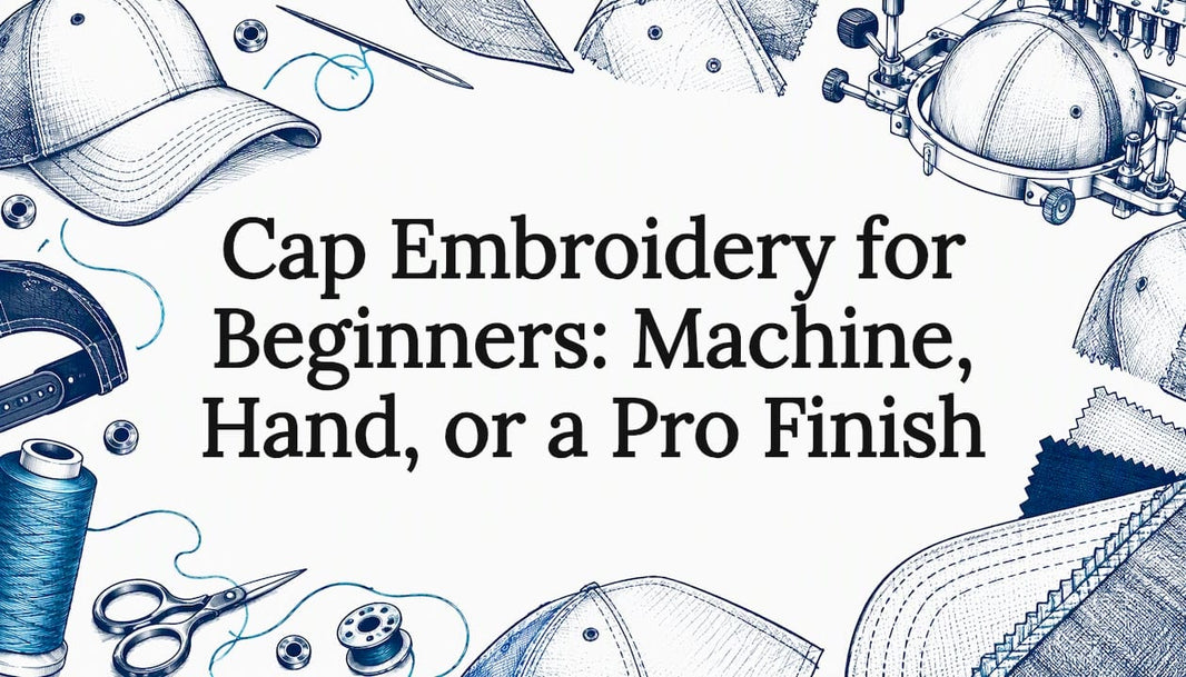 Sketch of cap embroidery tools framing title