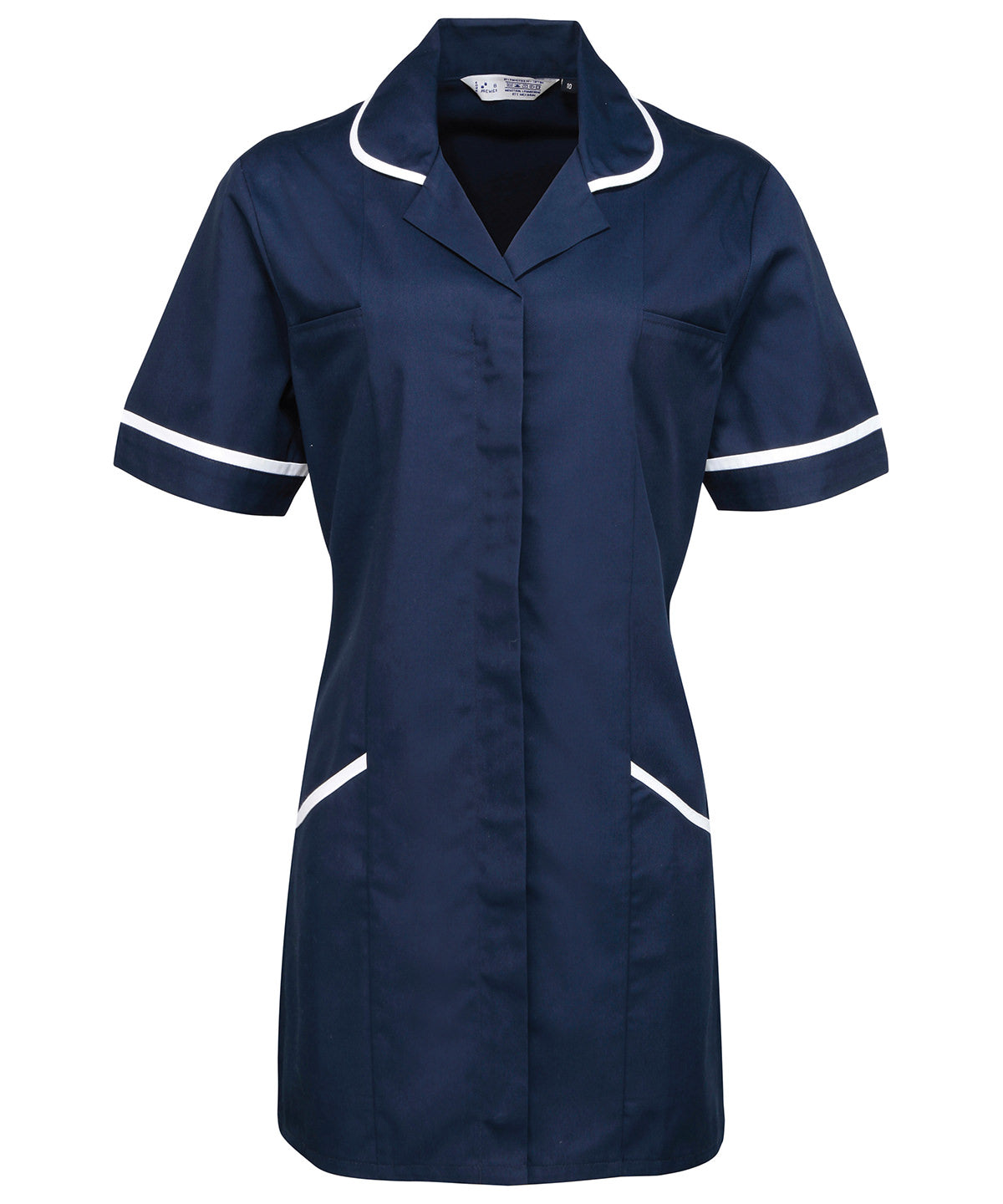 Navy healthcare tunic with white trim and short sleeves, designed for nurses and medical professionals