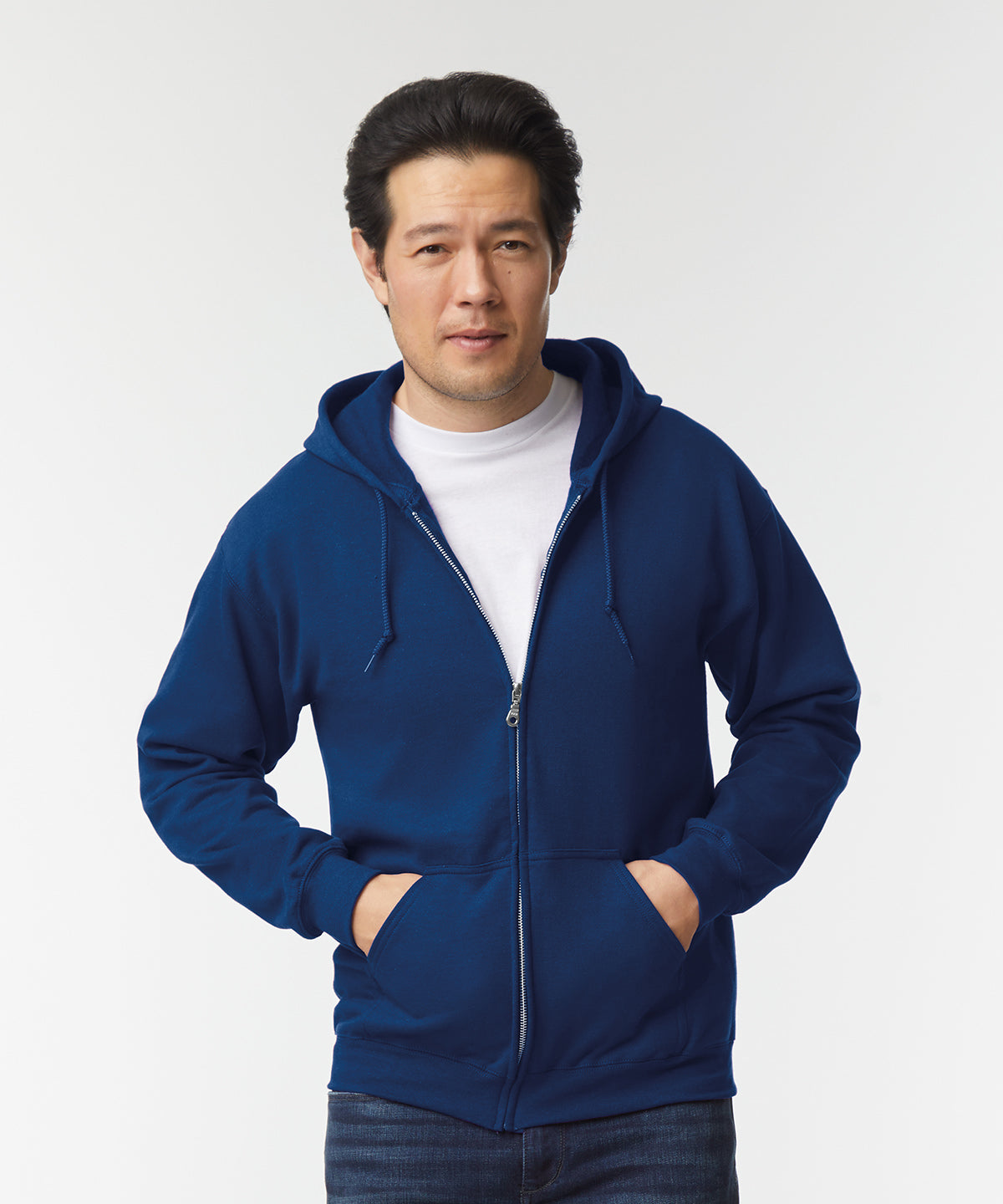 Navy full zip hoodie with front zip fastening, drawstring hood, and pouch pockets, ideal for personalised embroidery or printed branding.