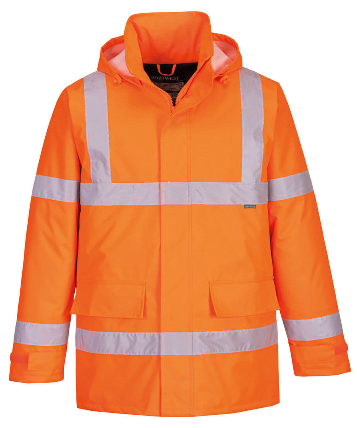 Orange hi-vis jacket with reflective silver strips, hood, and front pockets, suitable for personalised high visibility workwear branding.